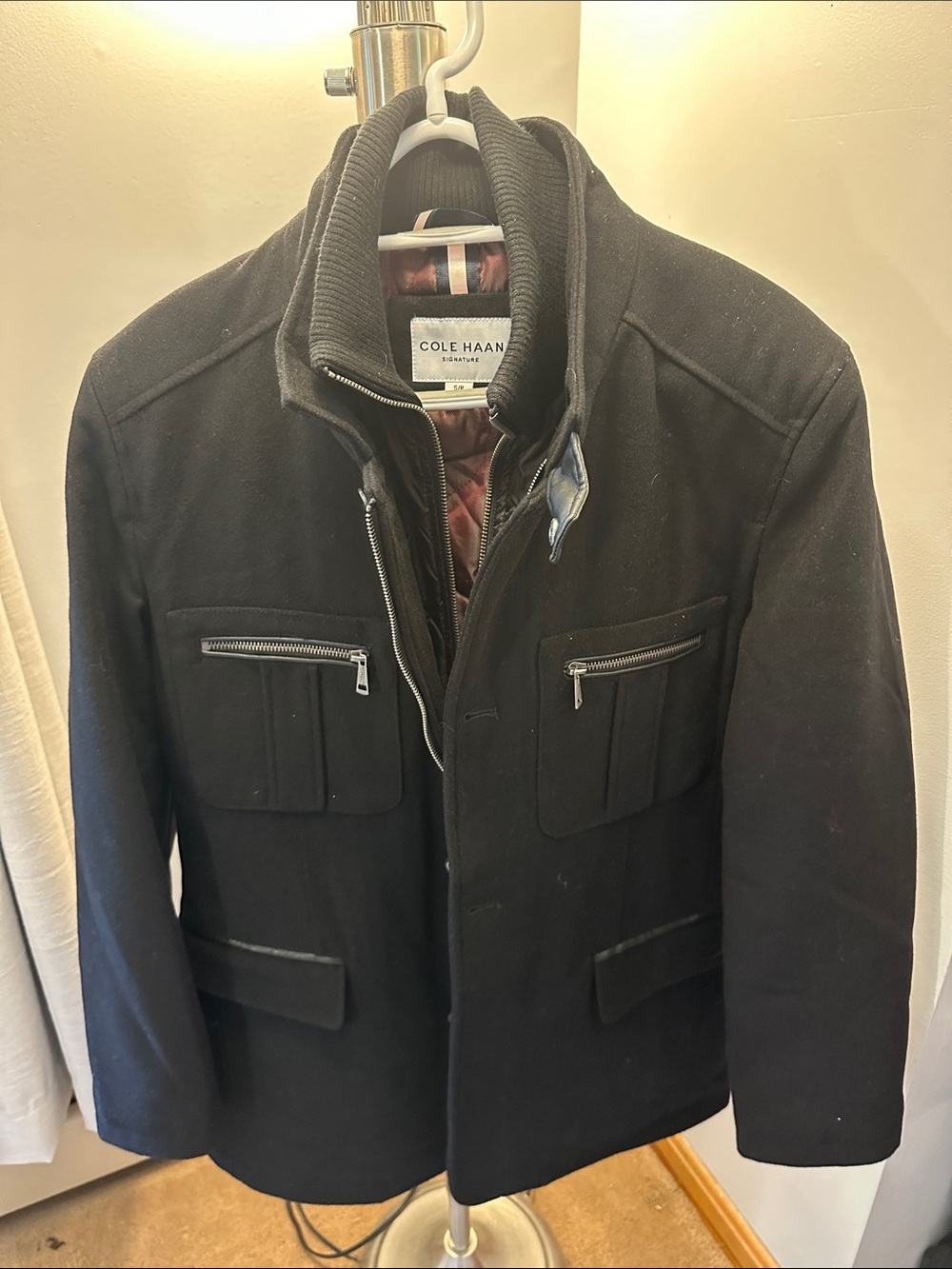 Cole Haan Black Wool-Blend Pea Coat with Zip Chest Pockets (never worn)